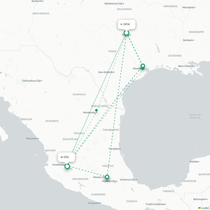 DFW - GDL route map