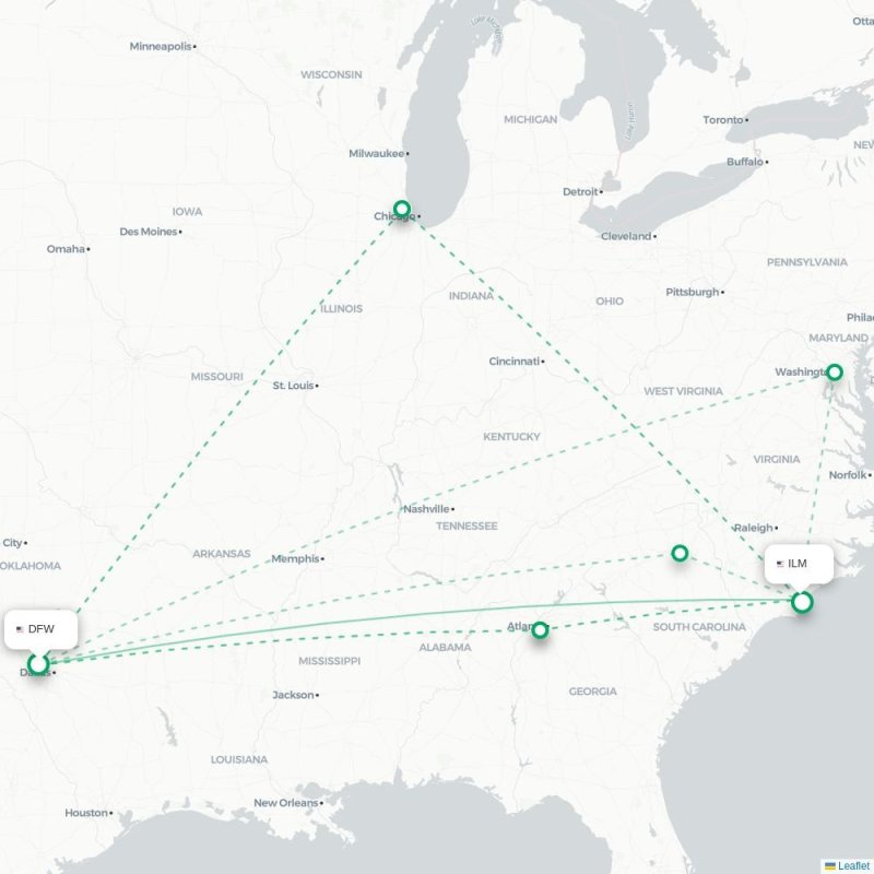 DFW - ILM route map