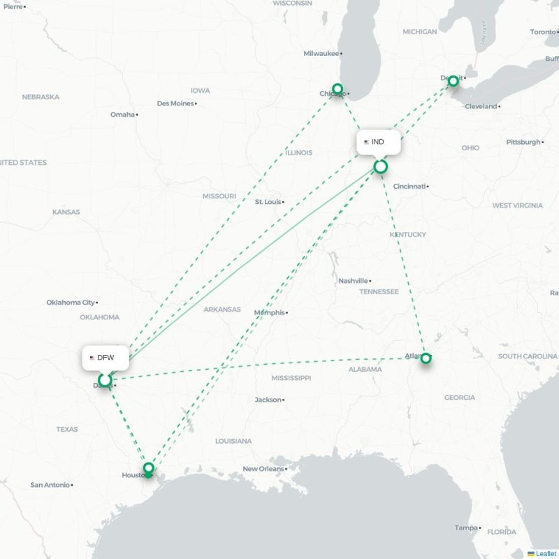 DFW - IND route map