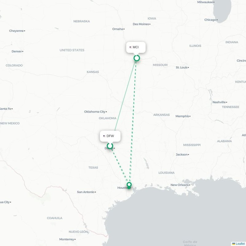 DFW - MCI route map