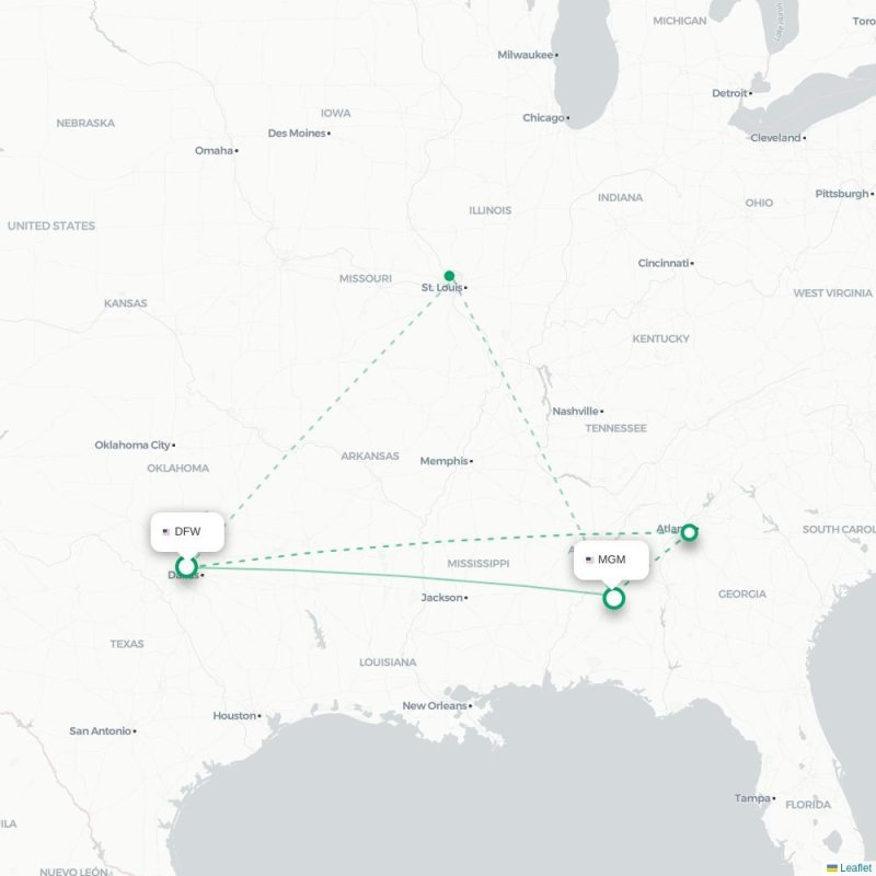 DFW - MGM route map