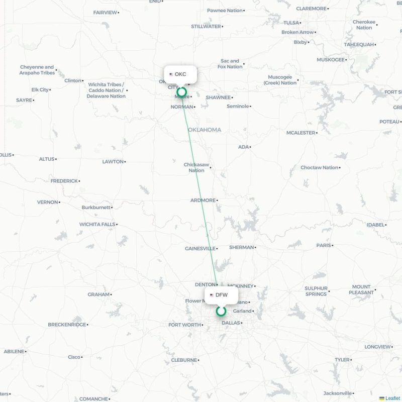 DFW - OKC route map
