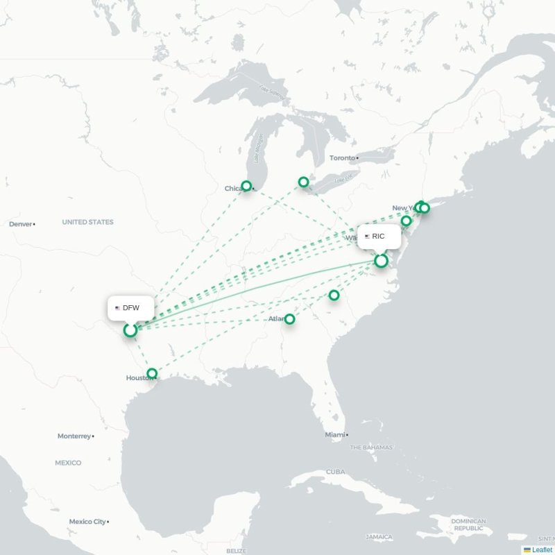 DFW - RIC route map