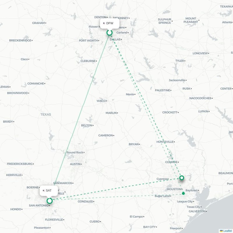 DFW - SAT route map