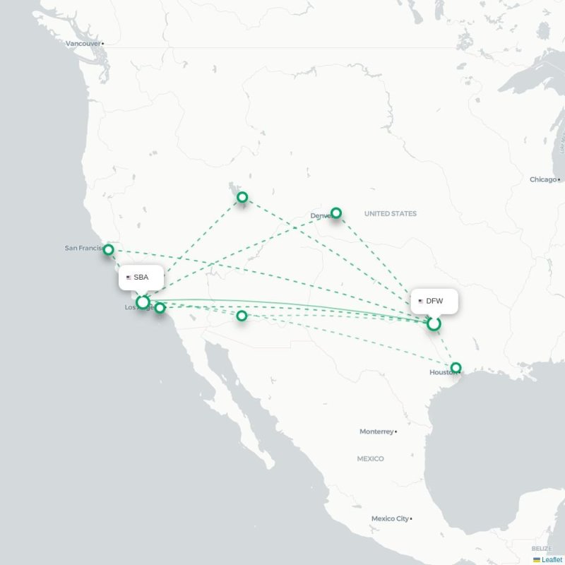 DFW - SBA route map