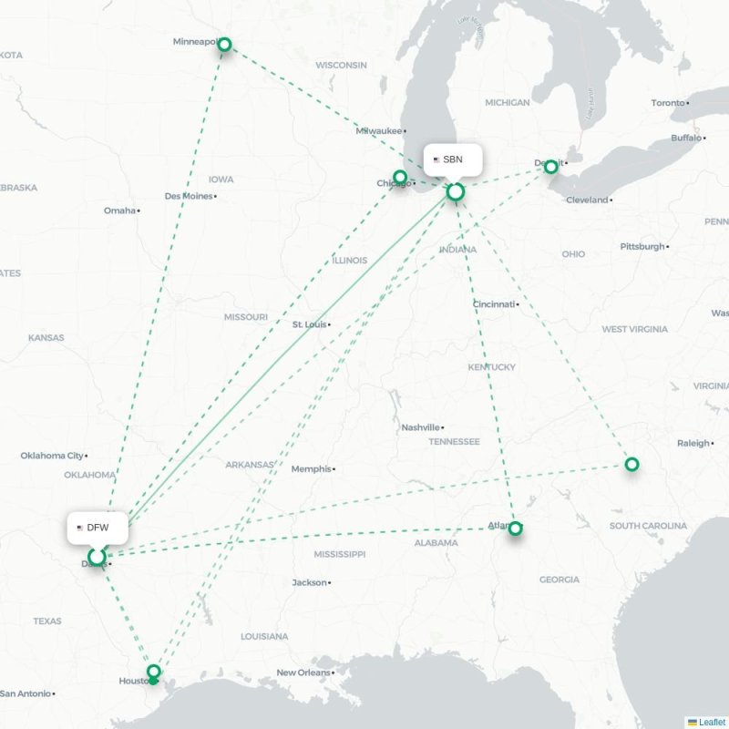 DFW - SBN route map