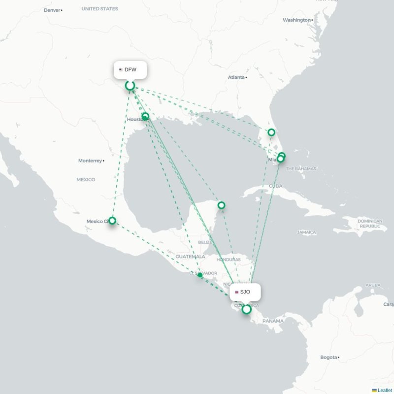 DFW - SJO route map