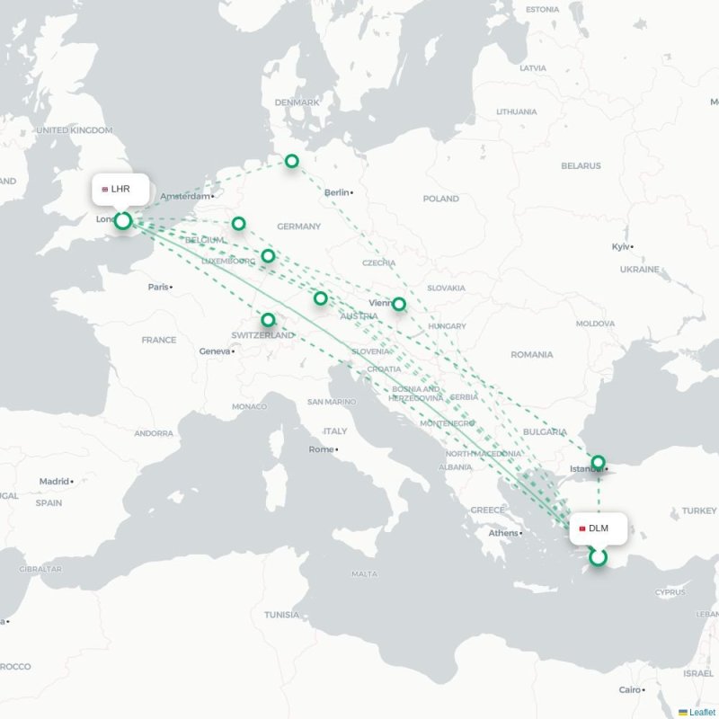DLM - LHR route map