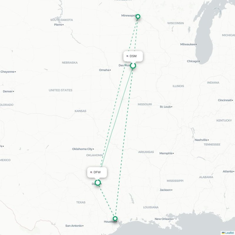 DSM - DFW route map