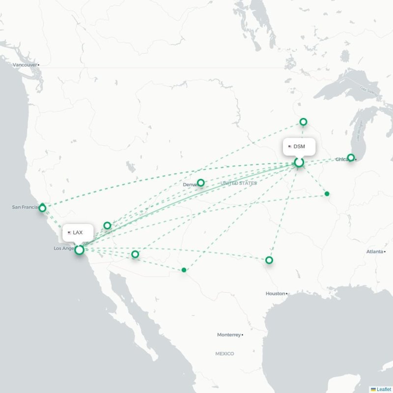 DSM - LAX route map
