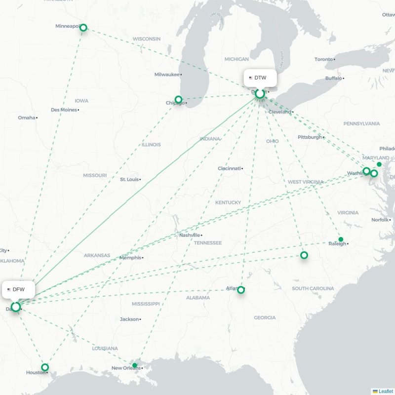 DTW - DFW route map