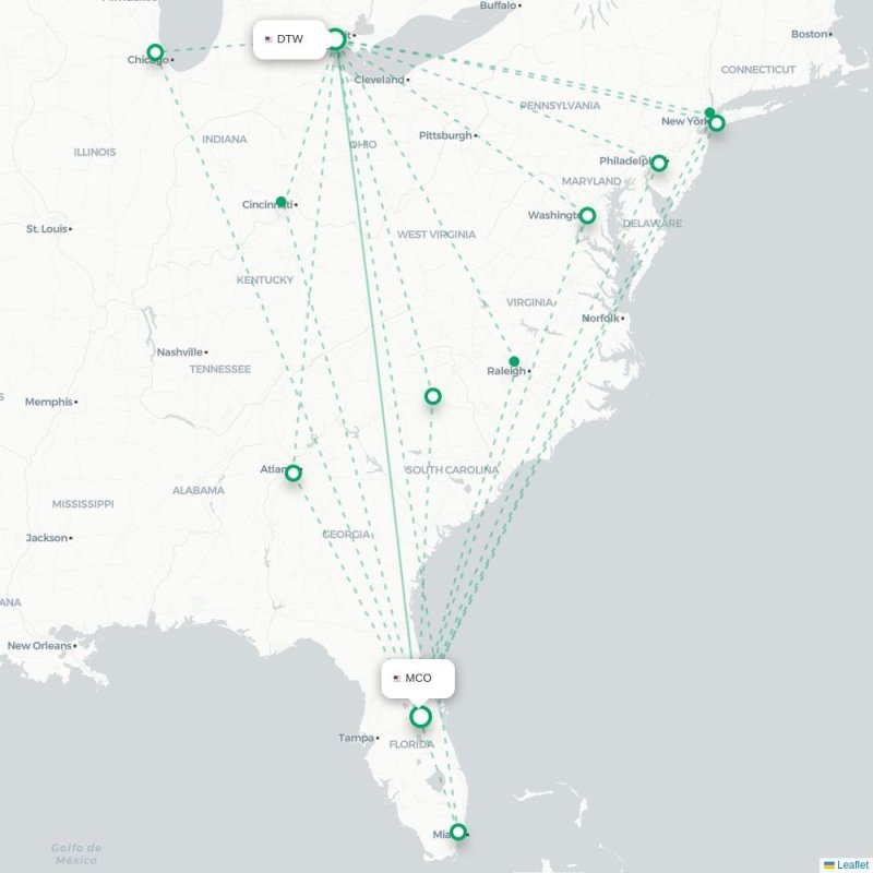 DTW - MCO route map