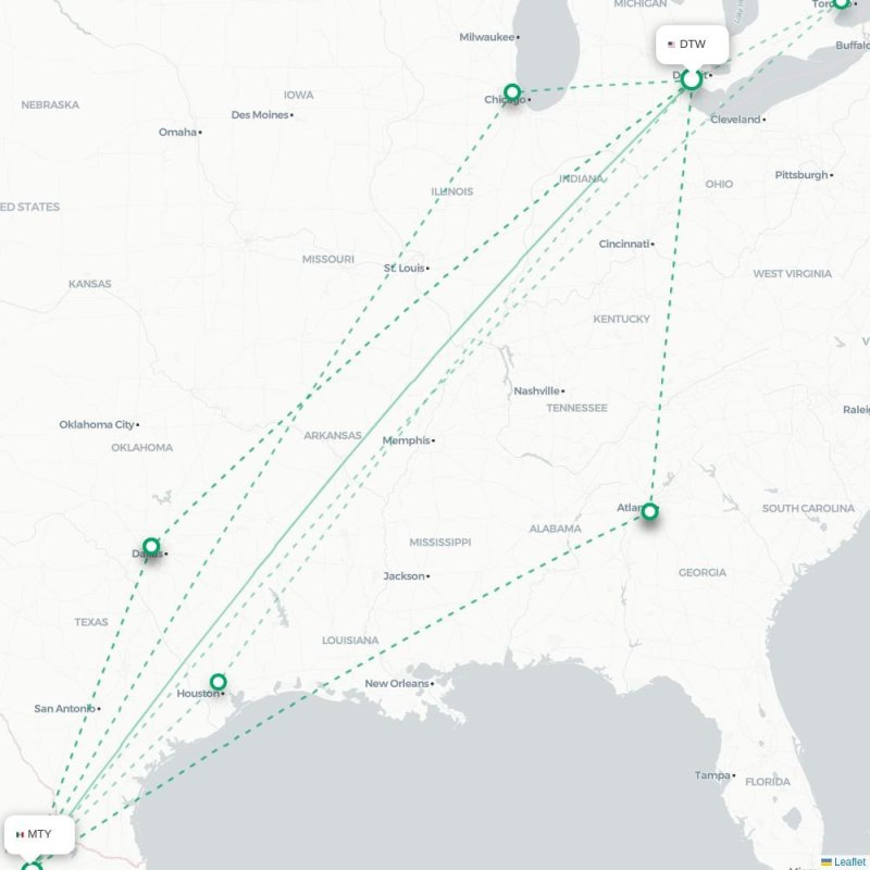 DTW - MTY route map