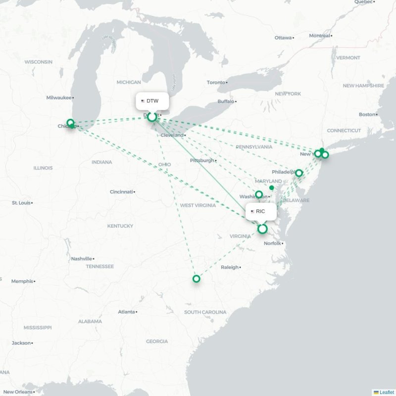 DTW - RIC route map