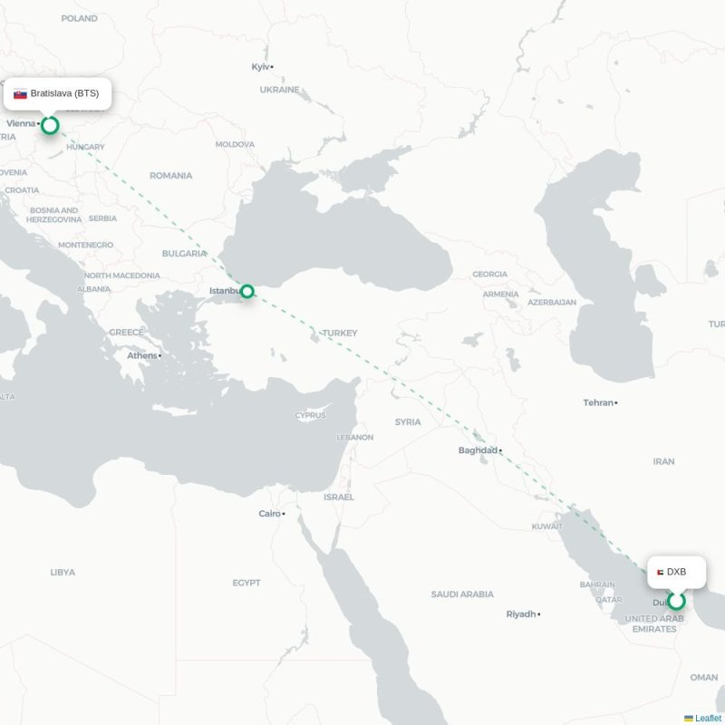 DXB - BTS route map