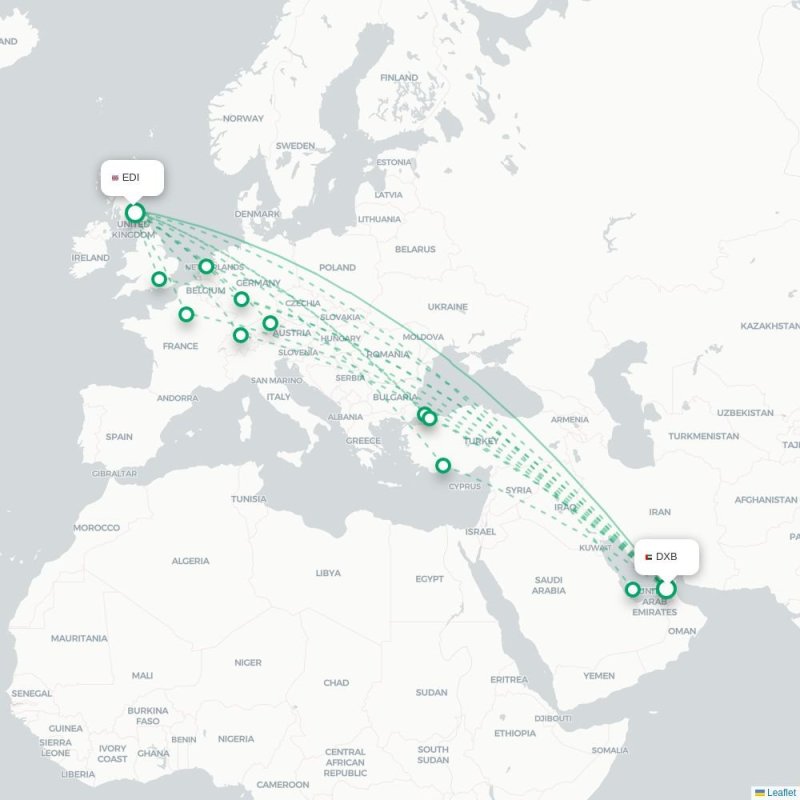 DXB - EDI route map