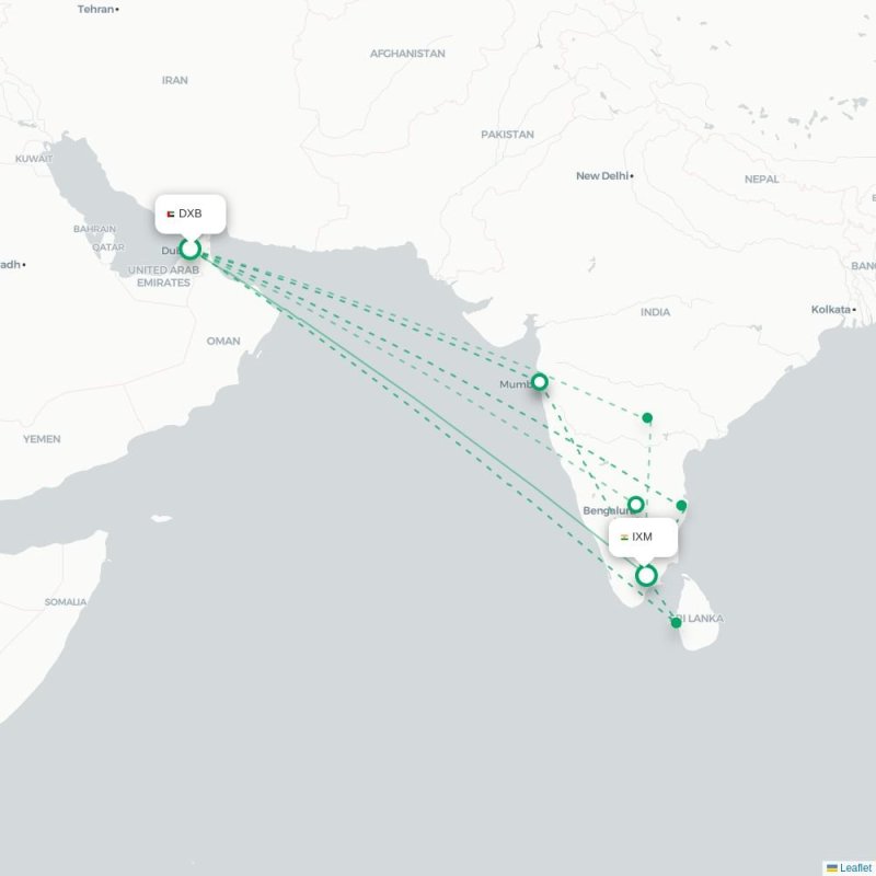 DXB - IXM route map