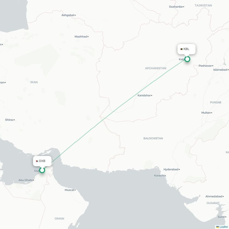 DXB - KBL route map