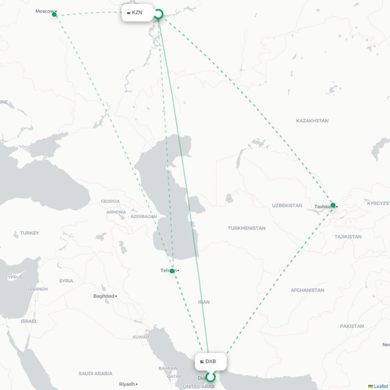 DXB - KZN route map
