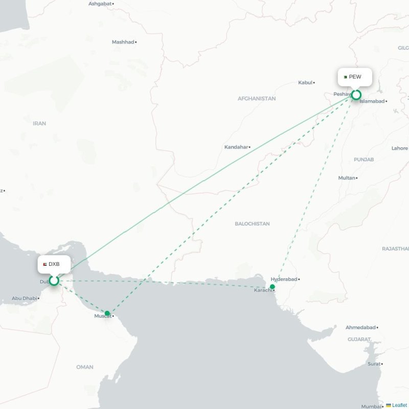 DXB - PEW route map