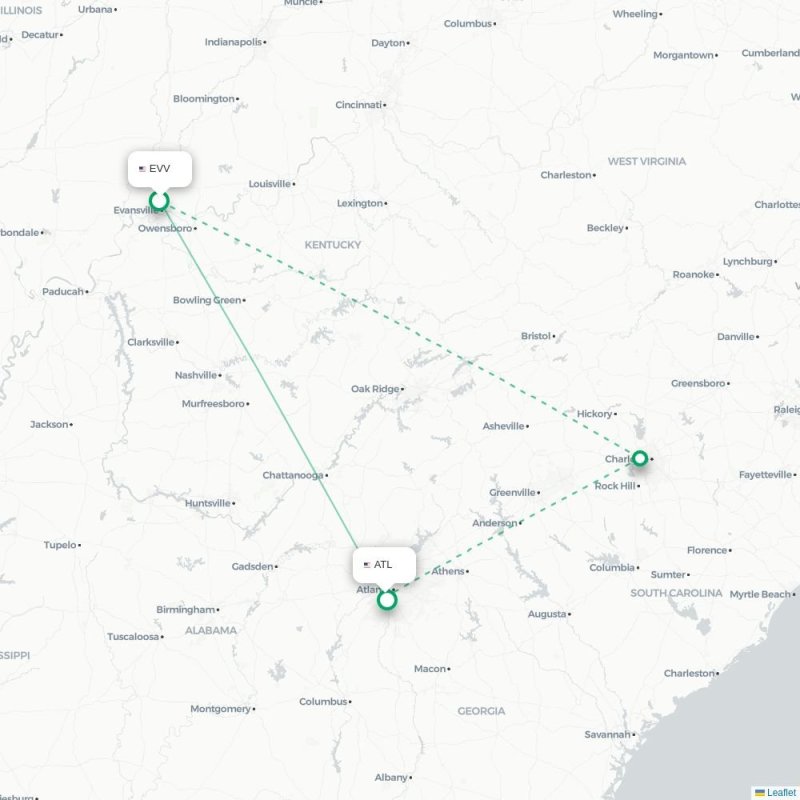 EVV - ATL route map