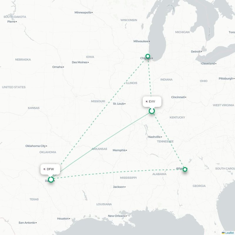 EVV - DFW route map