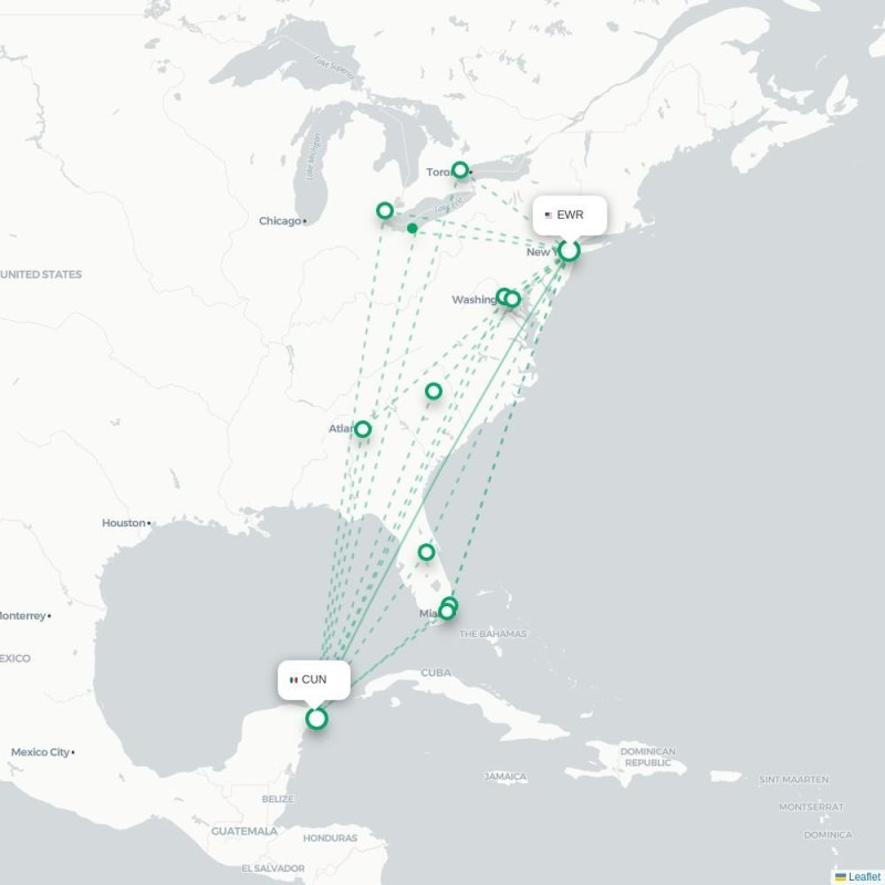EWR - CUN route map