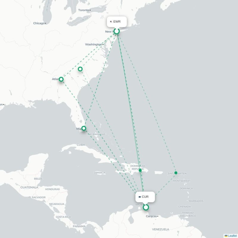 EWR - CUR route map