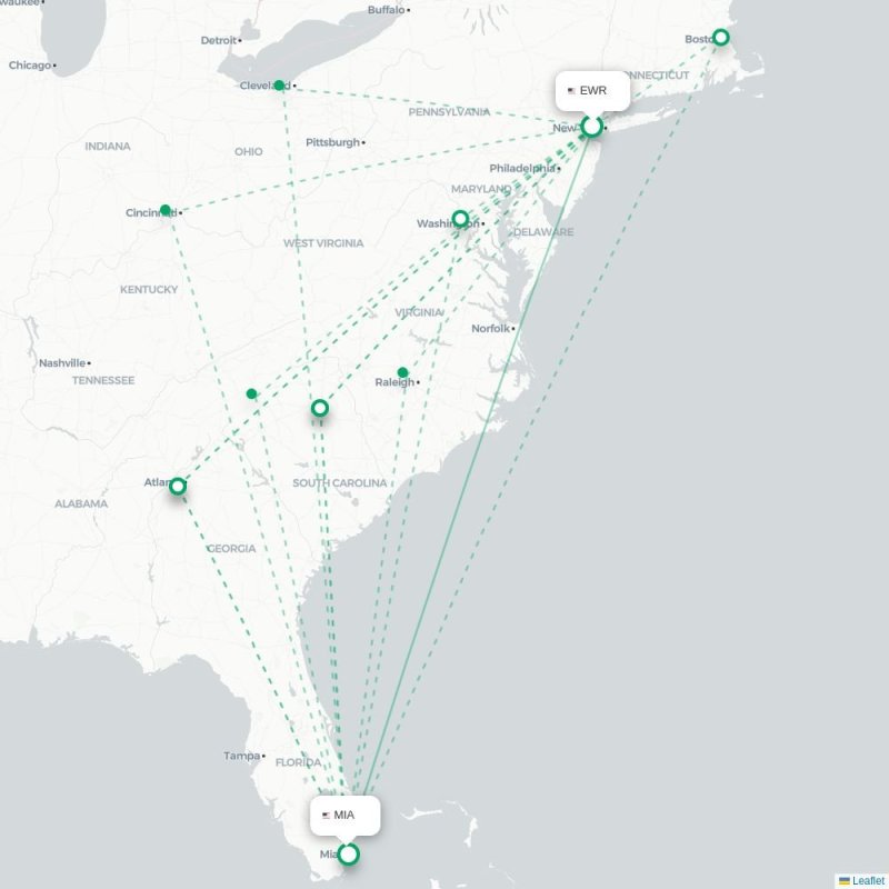 EWR - MIA route map