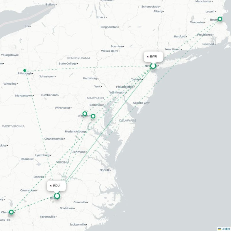 EWR - RDU route map