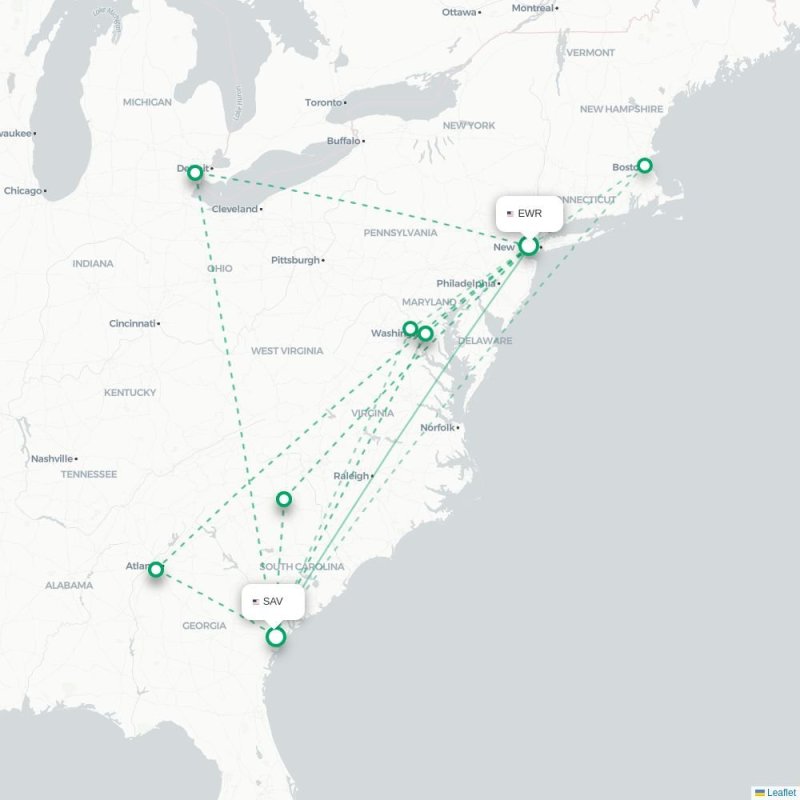 EWR - SAV route map