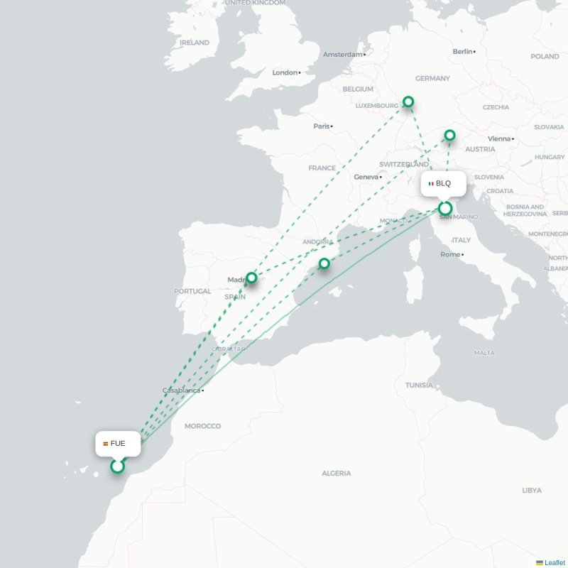 FUE - BLQ route map