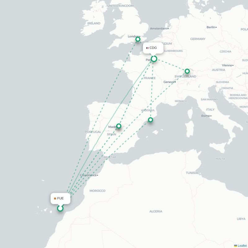 FUE - CDG route map