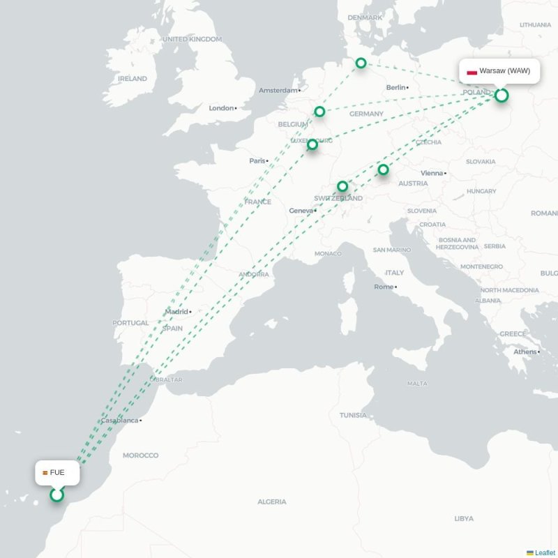 FUE - WAW route map