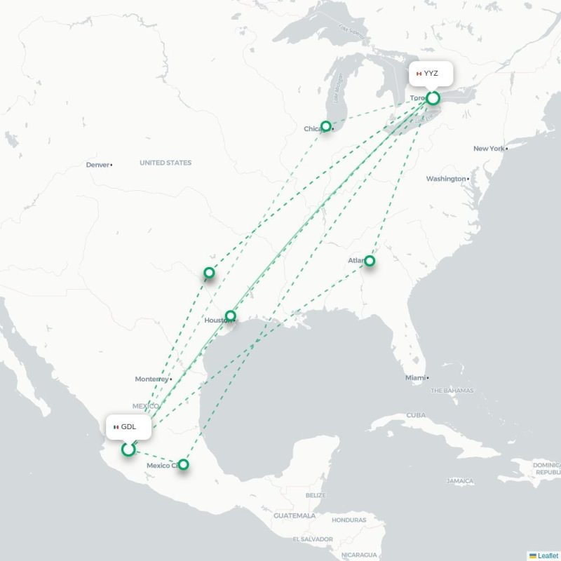 GDL - YYZ route map
