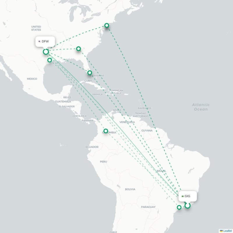 GIG - DFW route map