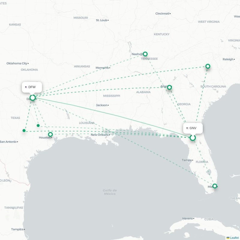 GNV - DFW route map
