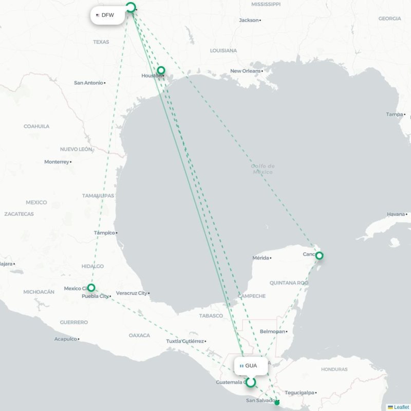 GUA - DFW route map