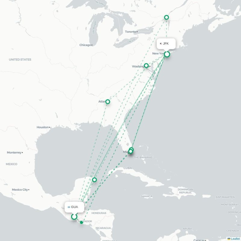 GUA - JFK route map