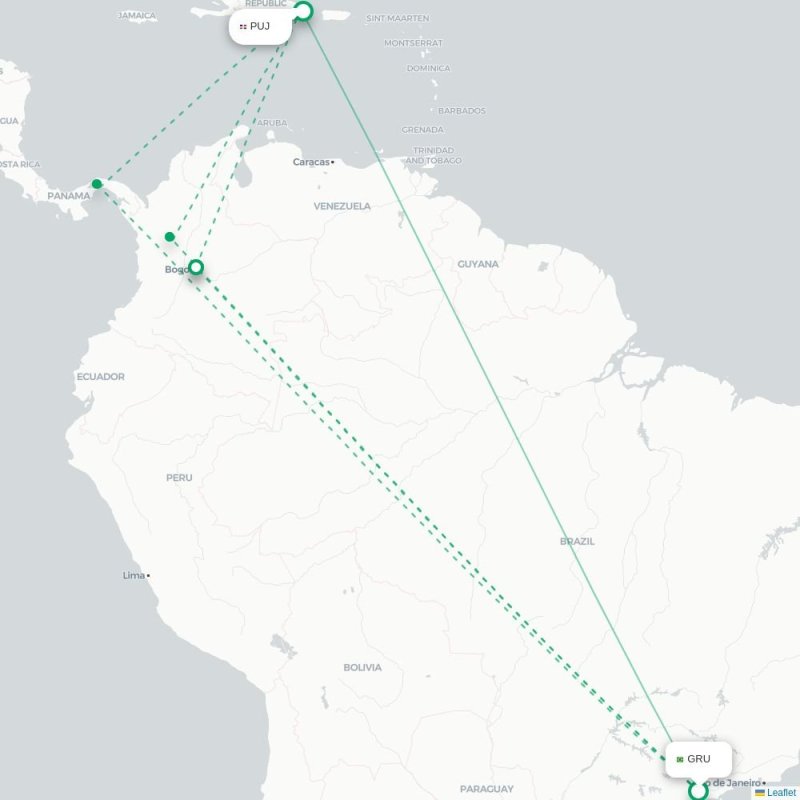 GYE - PUJ route map