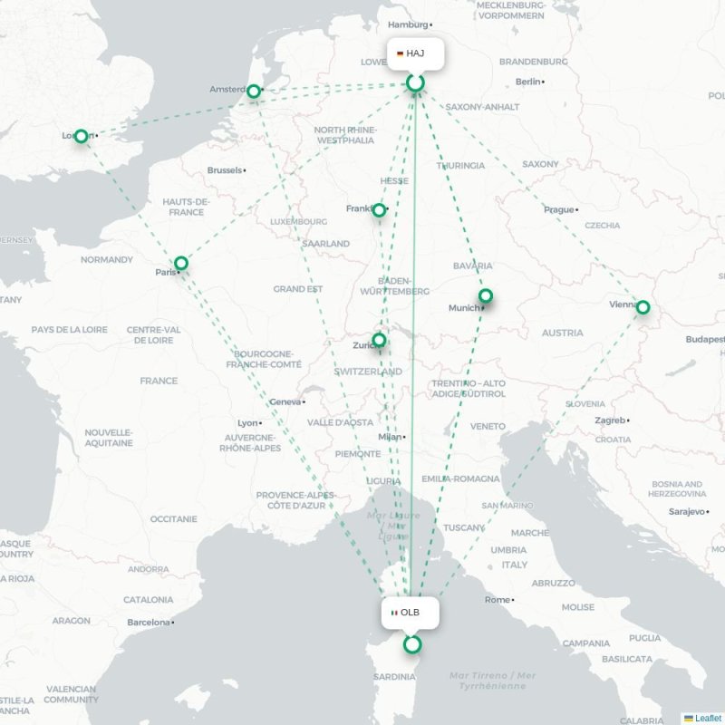 HAJ - OLB route map