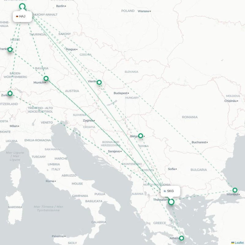 HAJ - SKG route map