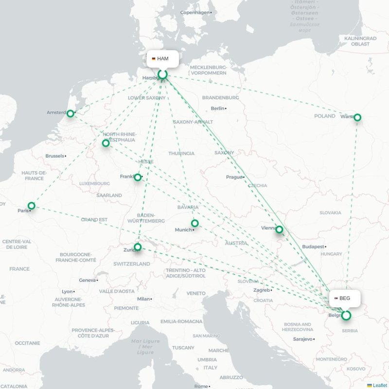 HAM - BEG route map