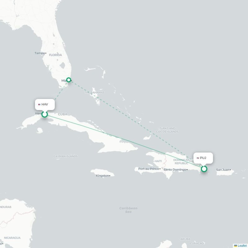 HAV - PUJ route map