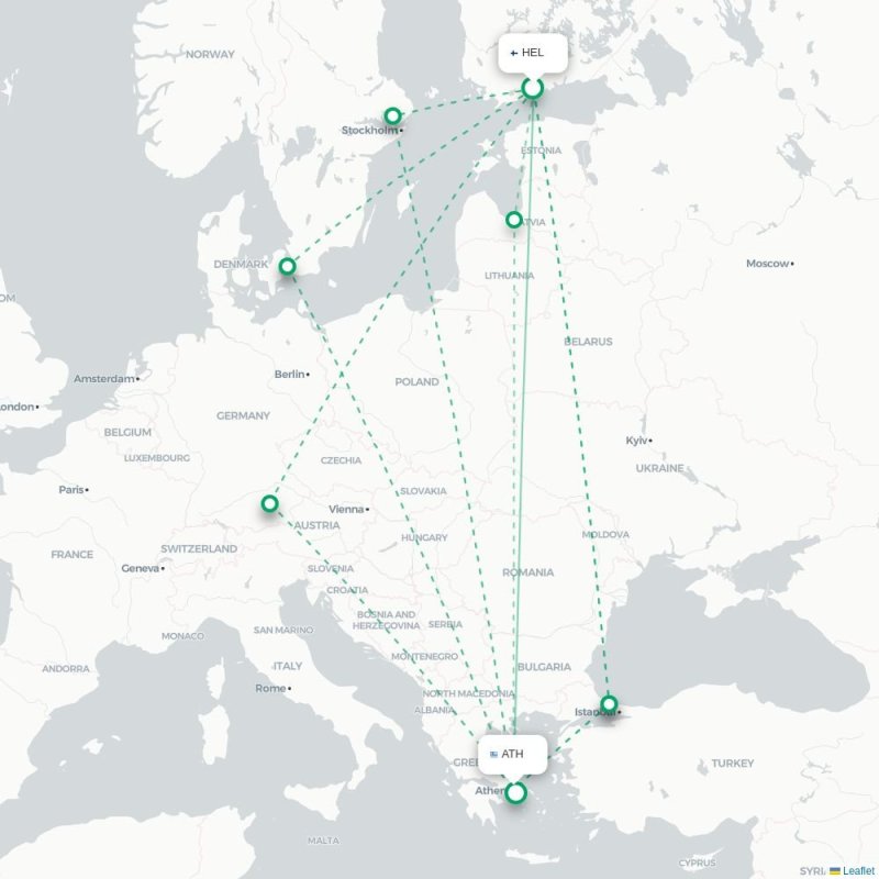 HEL - ATH route map