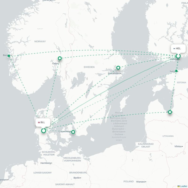 HEL - BLL route map