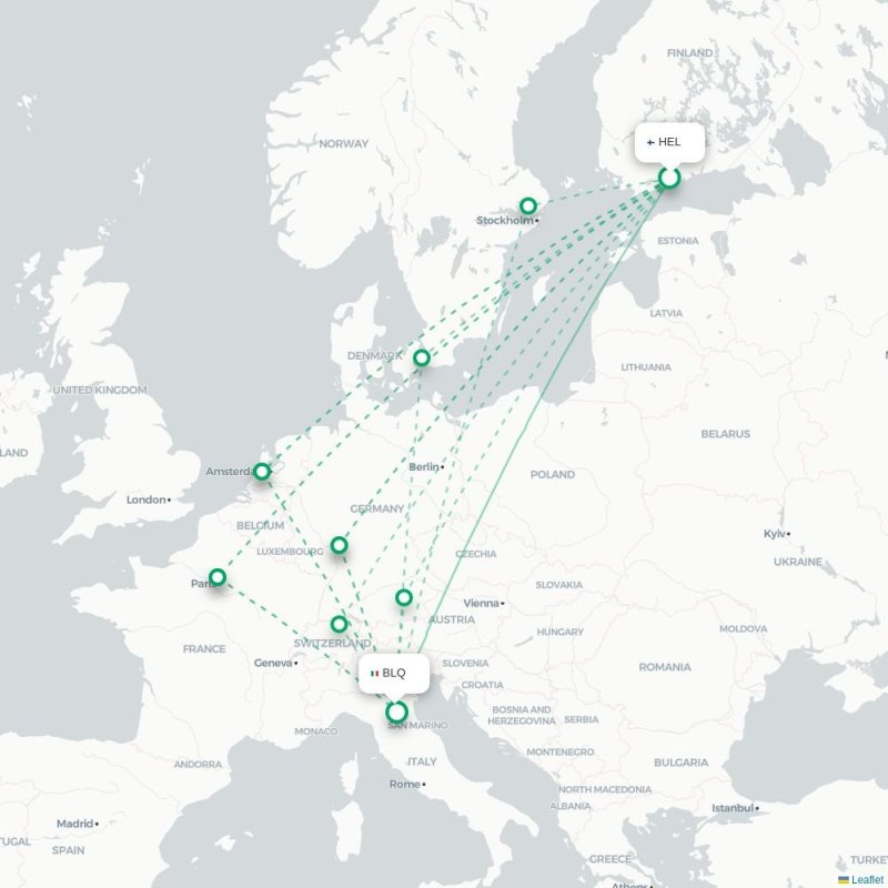 HEL - BLQ route map