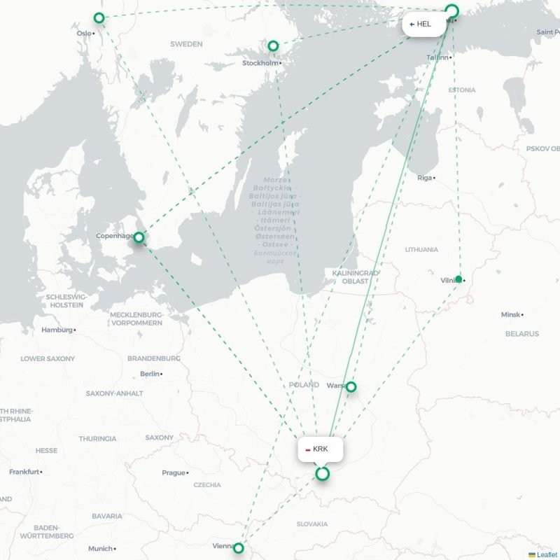 HEL - KRK route map