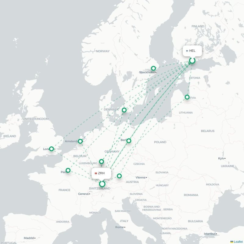 HEL - ZRH route map