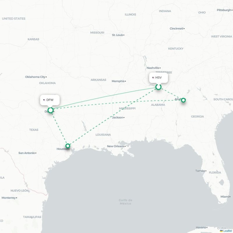 HSV - DFW route map